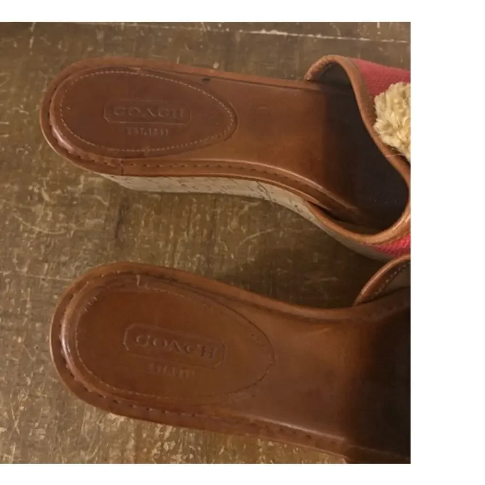 COACH JAZMIN PLATFORM WEDGE RED CANVAS Sandal Leather Size 6.5